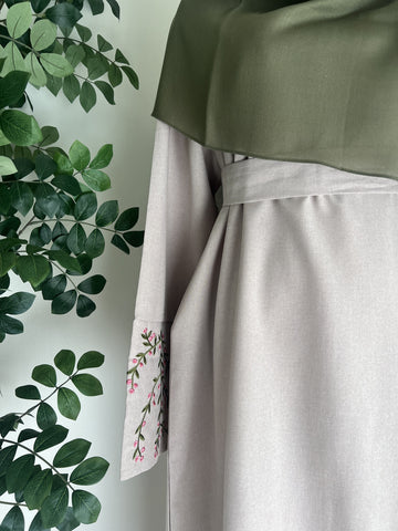 Linen Abaya - Olive Green/Pink Floral